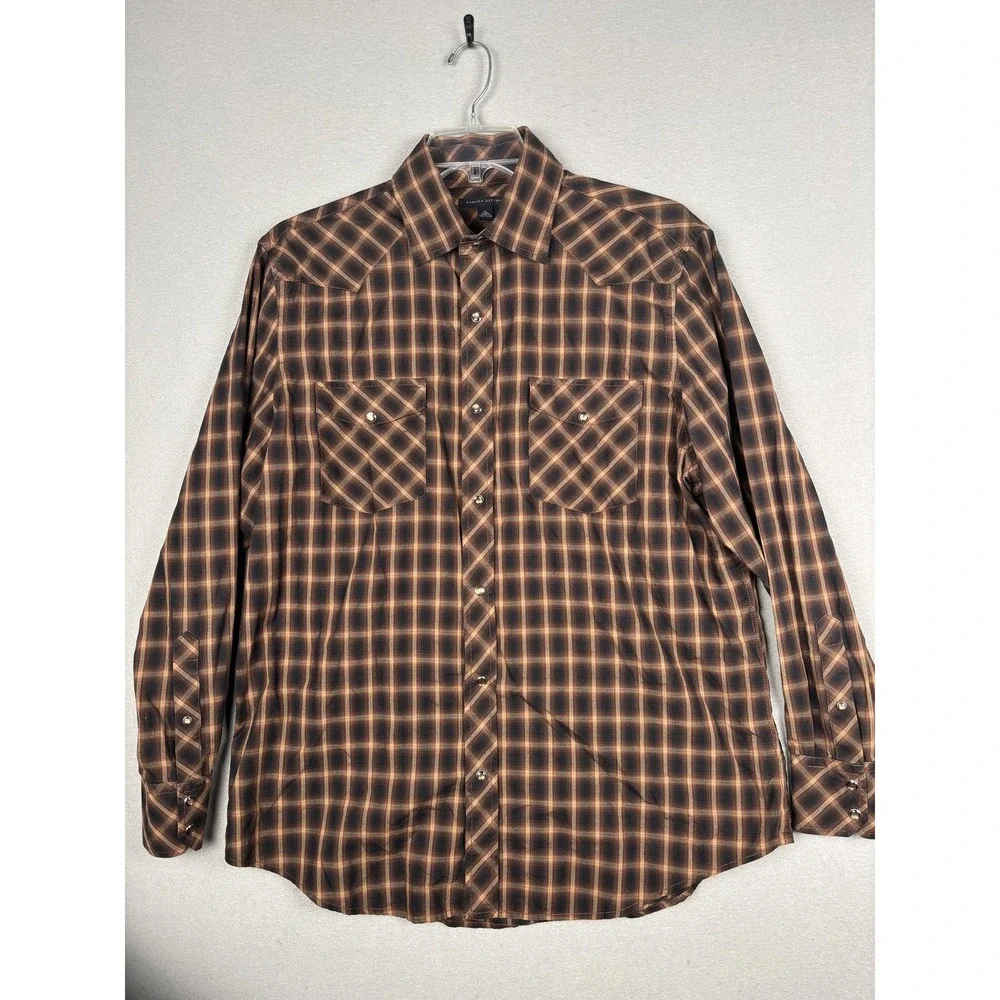Banana Republic Shirt Mens XL Brown Plaid Western Pearl Snap Casual Long Sleeve